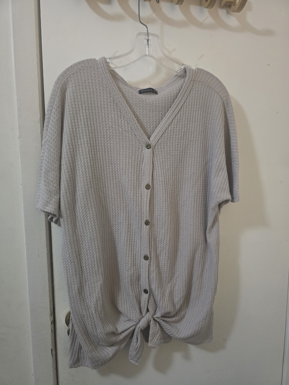 MIHOLL Grey Waffle Knit Button Down Tie Front Top - Size XL